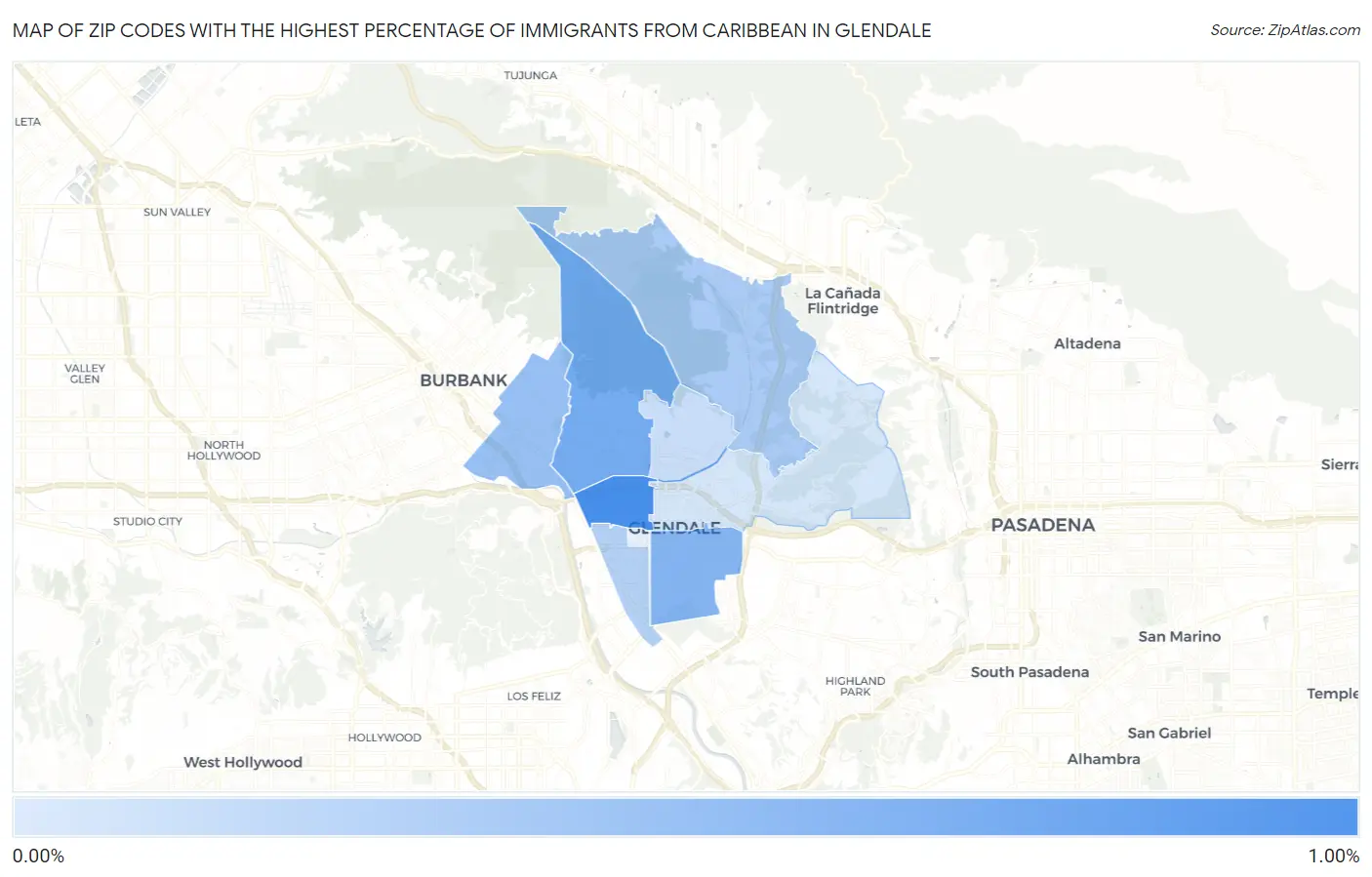 Zip Codes with the Highest Percentage of Immigrants from Caribbean in Glendale Map