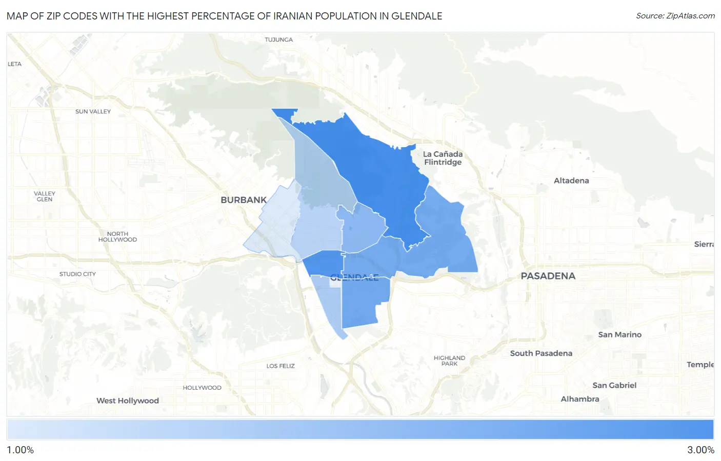 Zip Codes with the Highest Percentage of Iranian Population in Glendale Map
