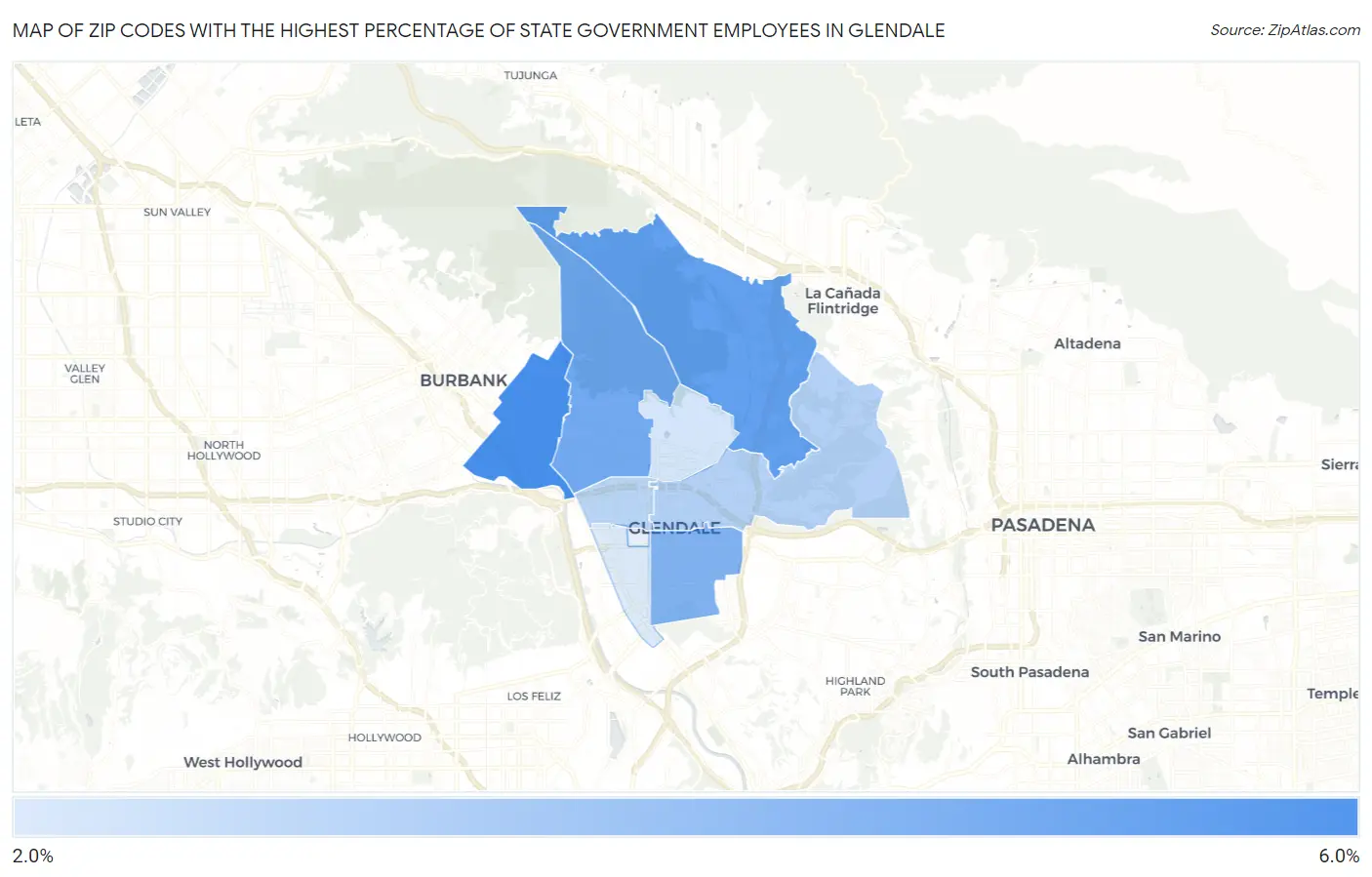 Zip Codes with the Highest Percentage of State Government Employees in Glendale Map