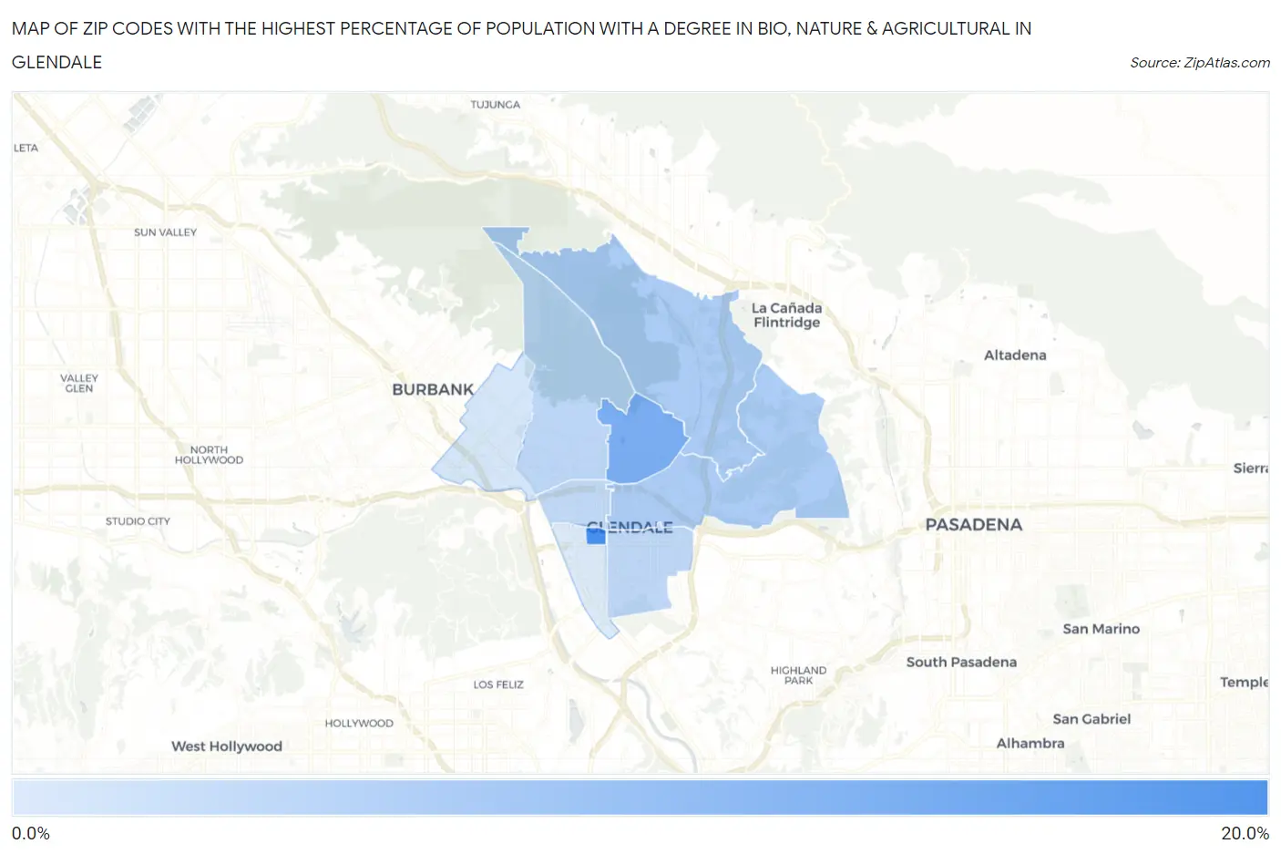 Zip Codes with the Highest Percentage of Population with a Degree in Bio, Nature & Agricultural in Glendale Map