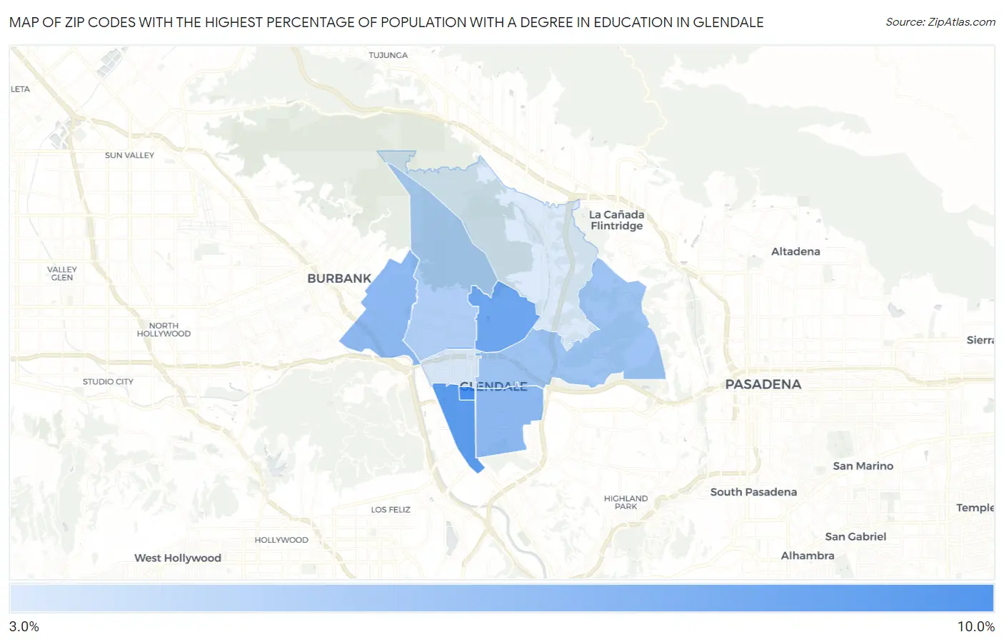 Zip Codes with the Highest Percentage of Population with a Degree in Education in Glendale Map