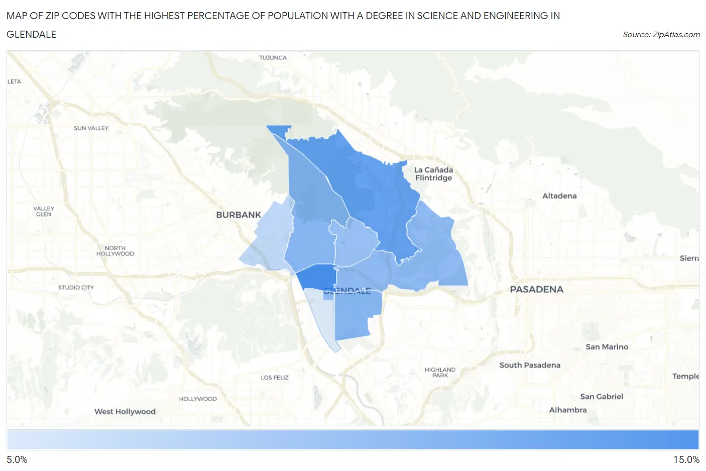 Zip Codes with the Highest Percentage of Population with a Degree in Science and Engineering in Glendale Map