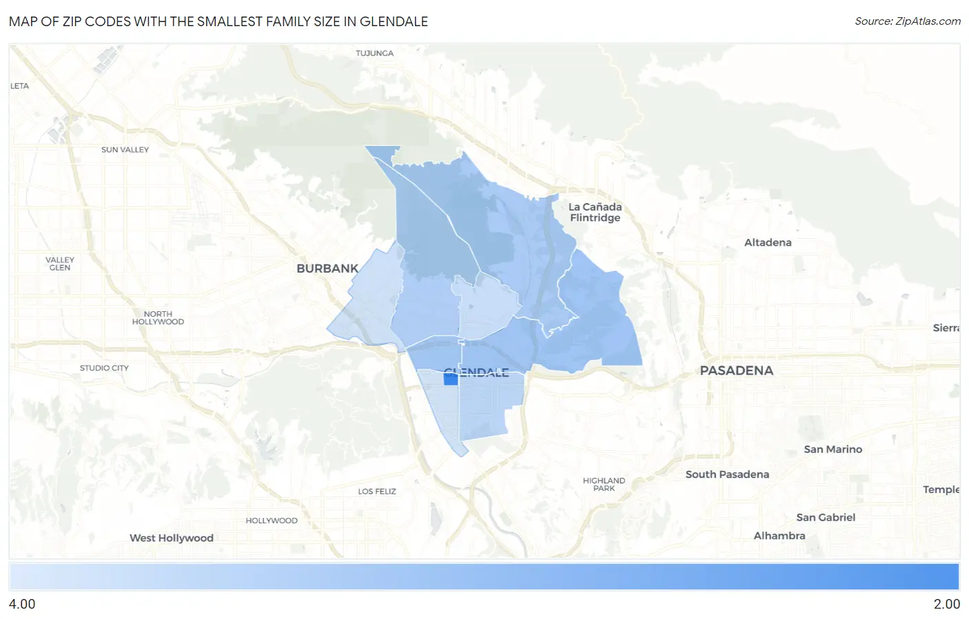 Zip Codes with the Smallest Family Size in Glendale Map