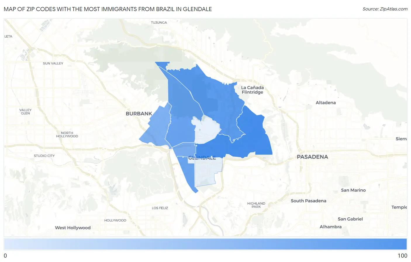 Zip Codes with the Most Immigrants from Brazil in Glendale Map