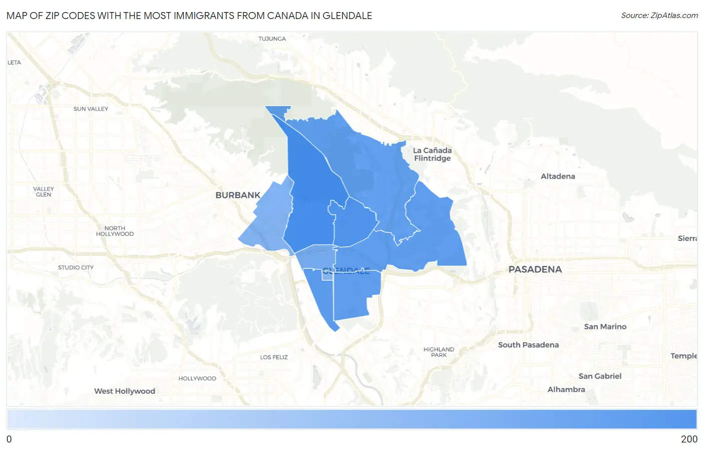 Zip Codes with the Most Immigrants from Canada in Glendale Map