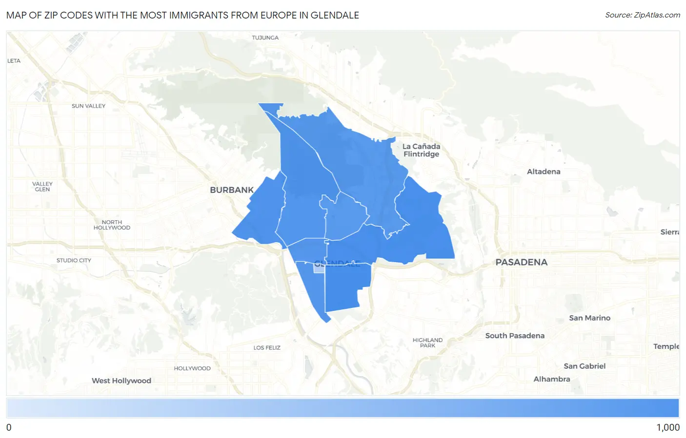 Zip Codes with the Most Immigrants from Europe in Glendale Map