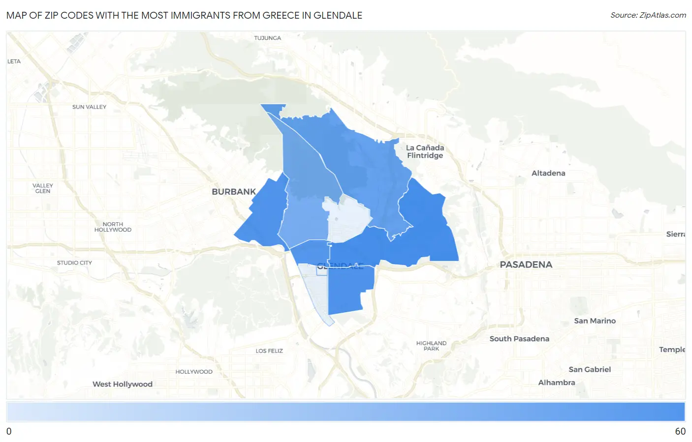 Zip Codes with the Most Immigrants from Greece in Glendale Map