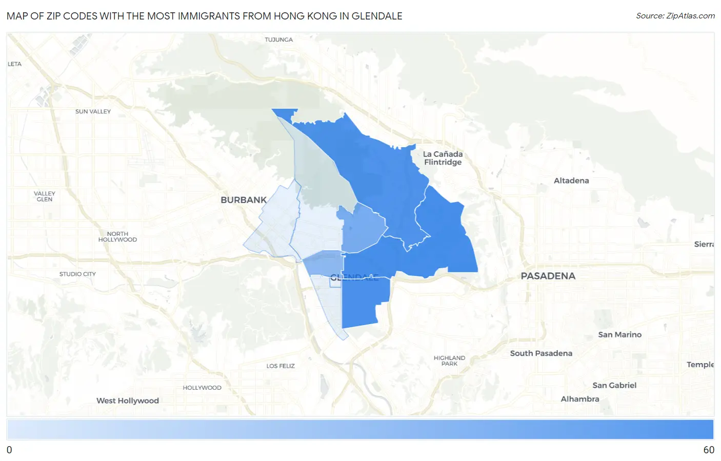 Zip Codes with the Most Immigrants from Hong Kong in Glendale Map