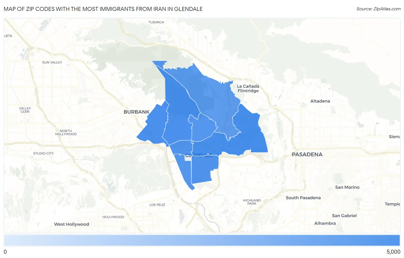 Zip Codes with the Most Immigrants from Iran in Glendale Map