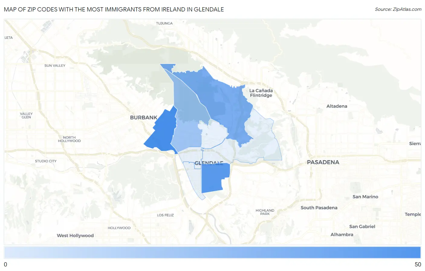 Zip Codes with the Most Immigrants from Ireland in Glendale Map