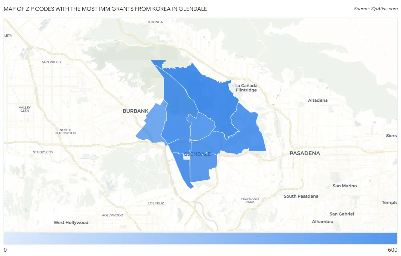 Zip Codes with the Most Immigrants from Korea in Glendale Map