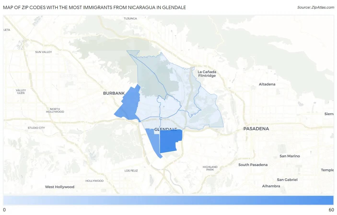 Zip Codes with the Most Immigrants from Nicaragua in Glendale Map