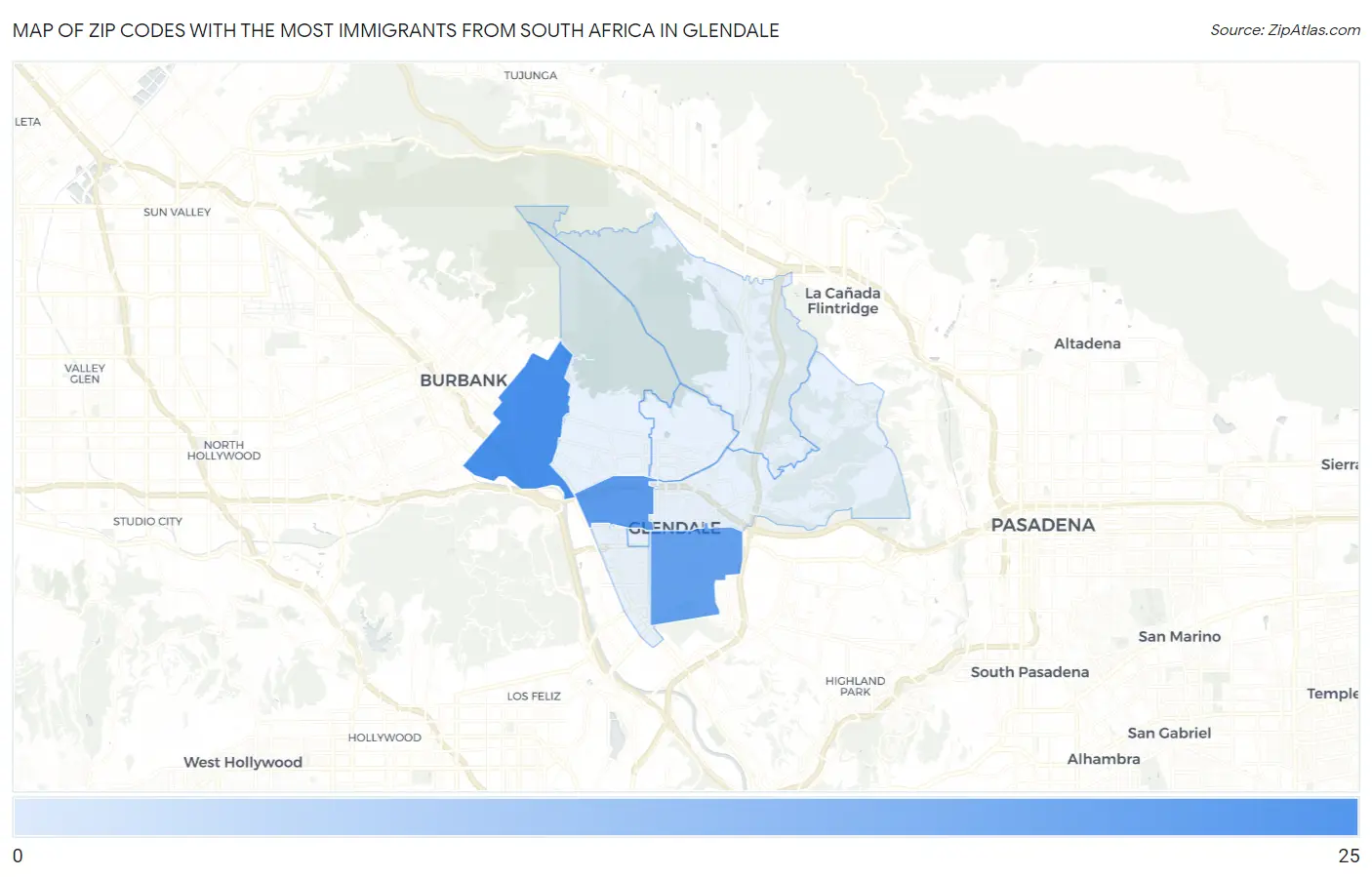 Zip Codes with the Most Immigrants from South Africa in Glendale Map