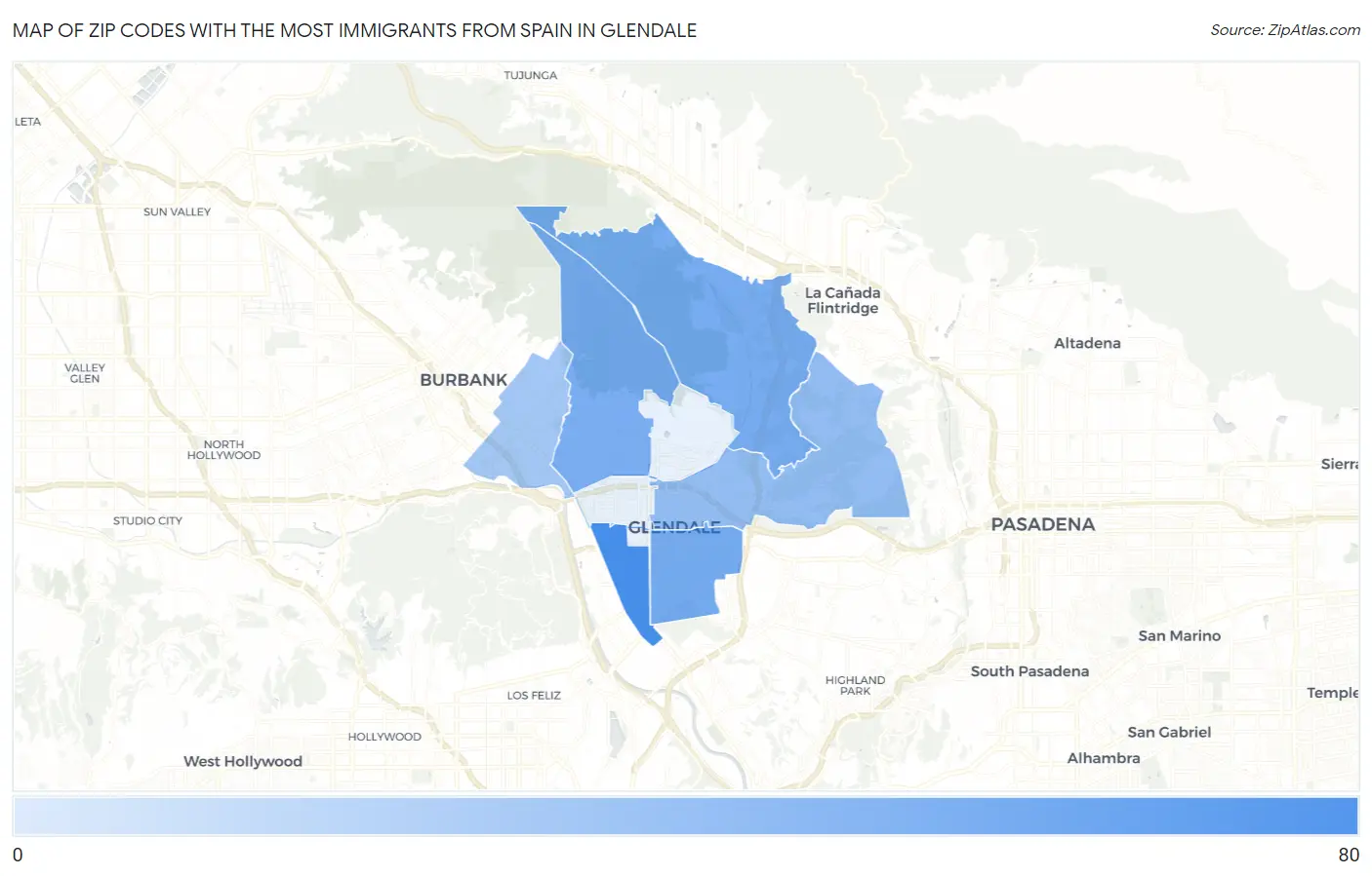 Zip Codes with the Most Immigrants from Spain in Glendale Map