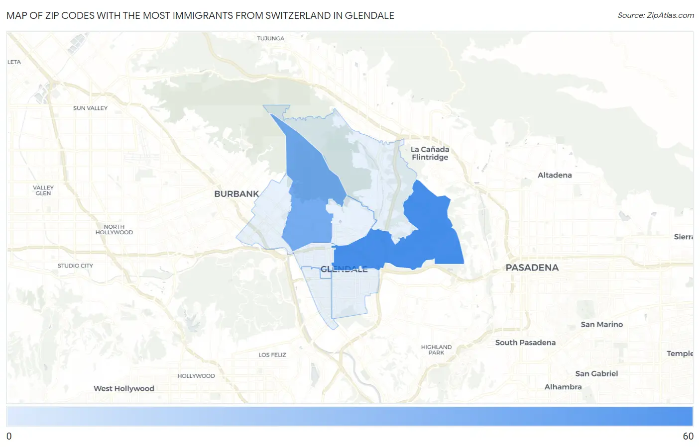 Zip Codes with the Most Immigrants from Switzerland in Glendale Map