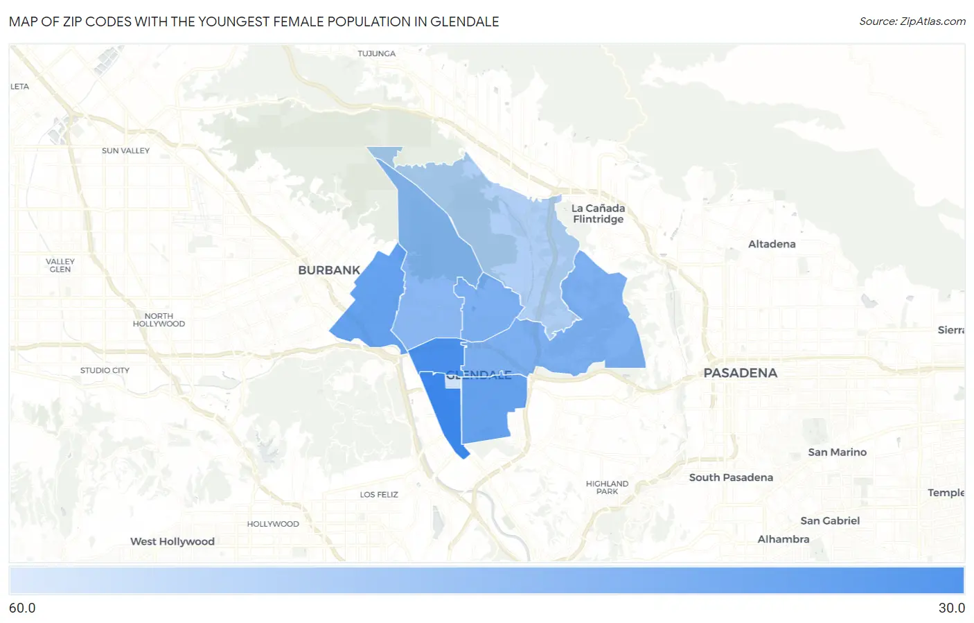 Zip Codes with the Youngest Female Population in Glendale Map