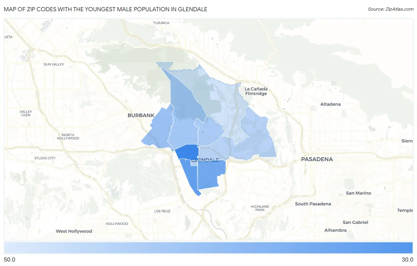 Zip Codes with the Youngest Male Population in Glendale Map