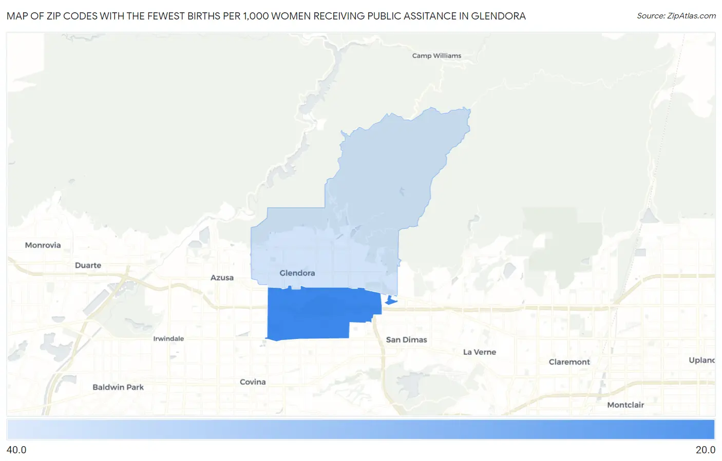 Zip Codes with the Fewest Births per 1,000 Women Receiving Public Assitance in Glendora Map