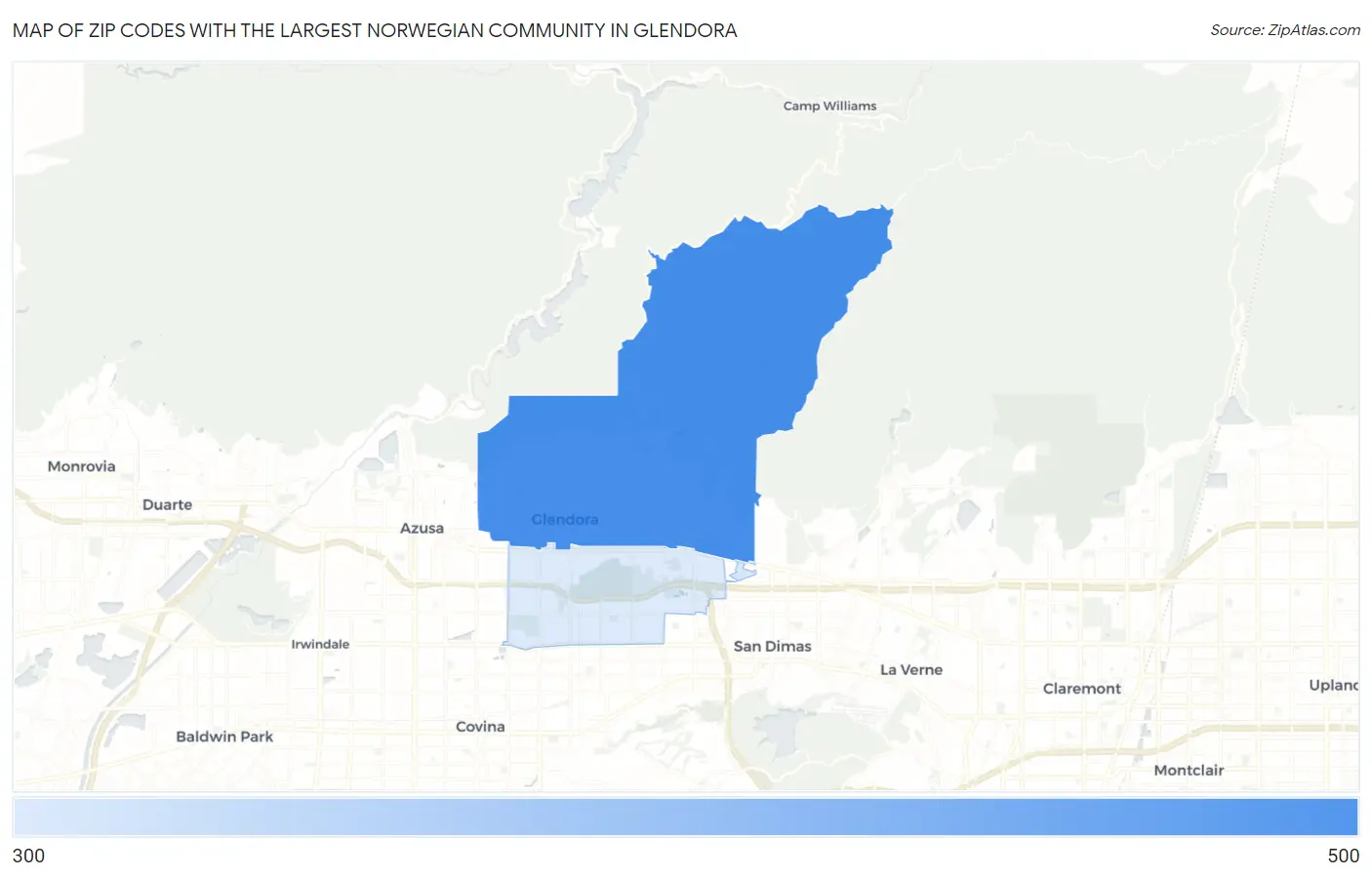 Zip Codes with the Largest Norwegian Community in Glendora Map