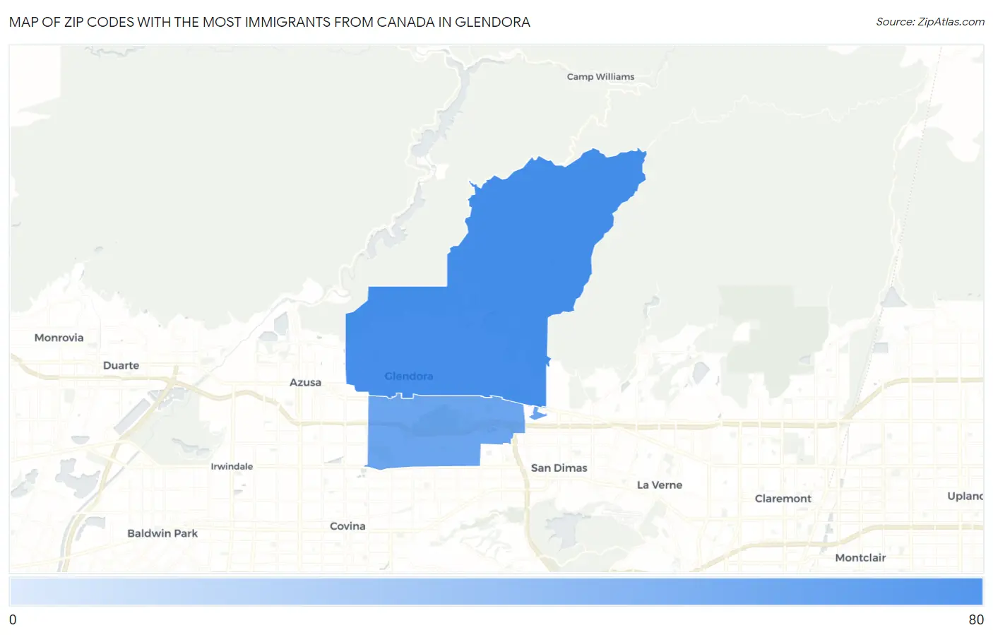 Zip Codes with the Most Immigrants from Canada in Glendora Map