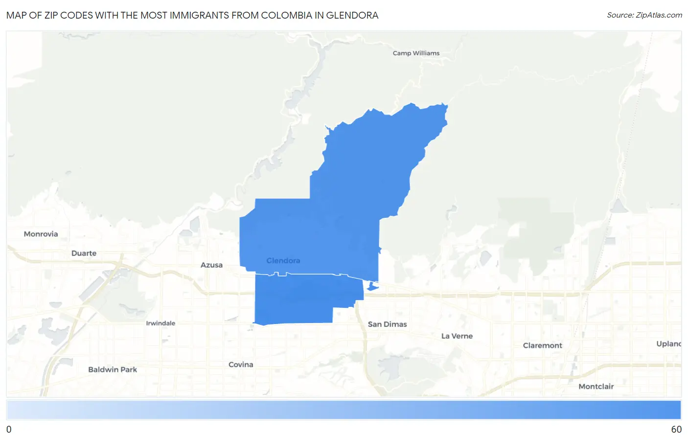 Zip Codes with the Most Immigrants from Colombia in Glendora Map