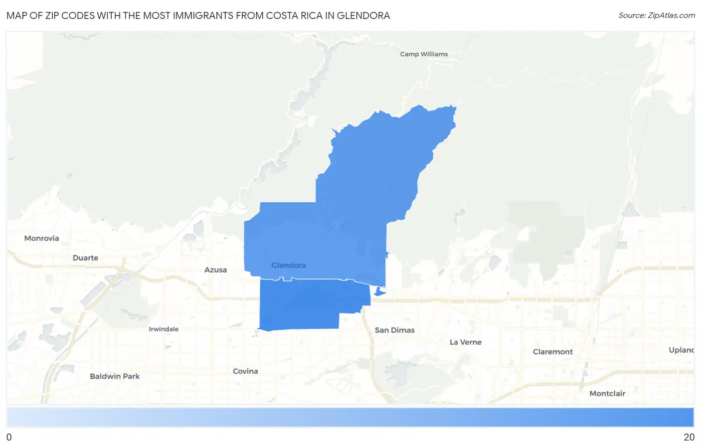 Zip Codes with the Most Immigrants from Costa Rica in Glendora Map