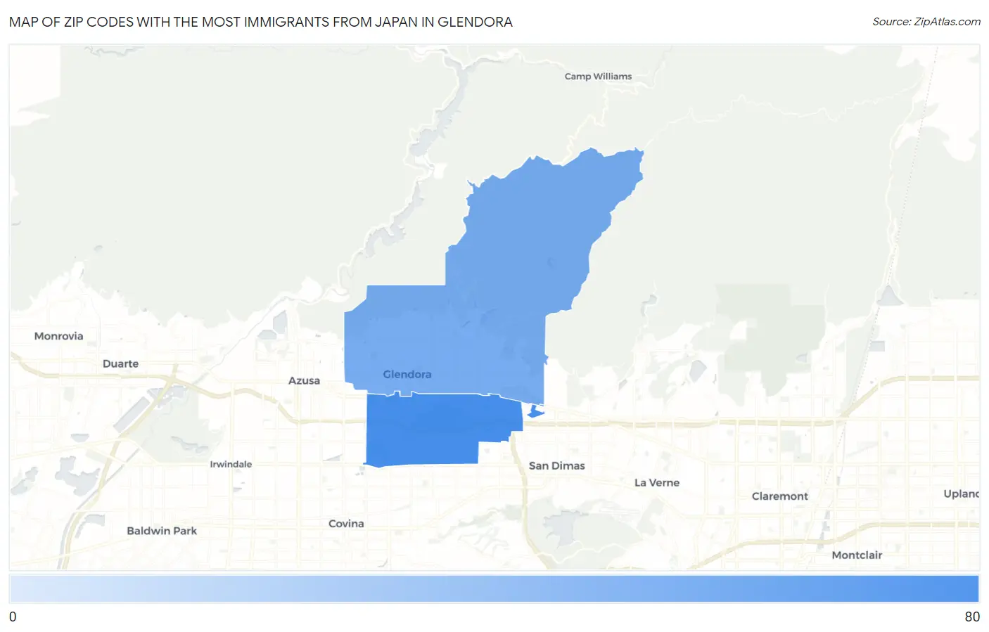 Zip Codes with the Most Immigrants from Japan in Glendora Map