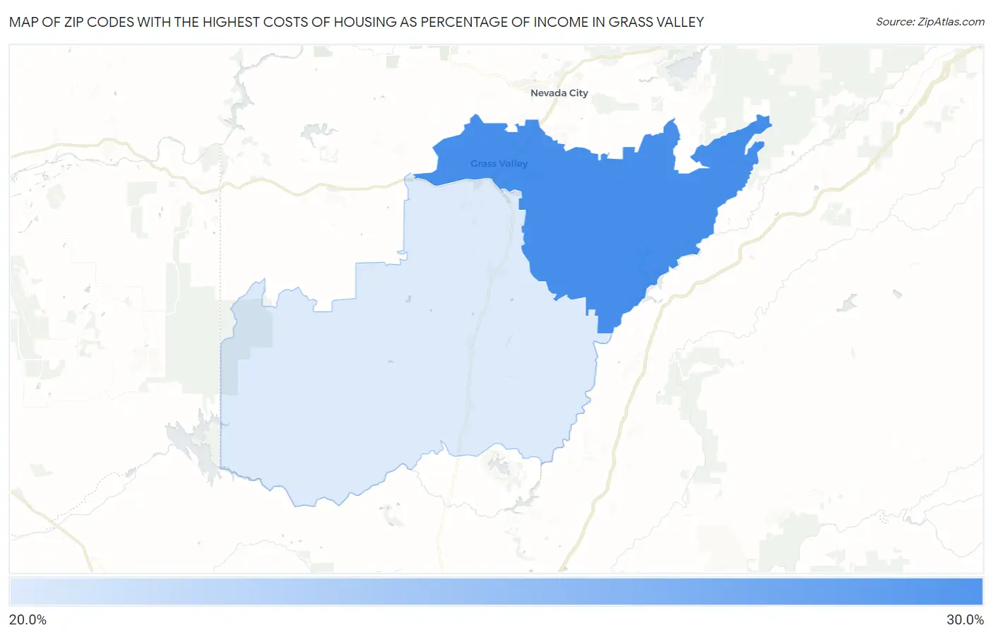 Zip Codes with the Highest Costs of Housing as Percentage of Income in Grass Valley Map