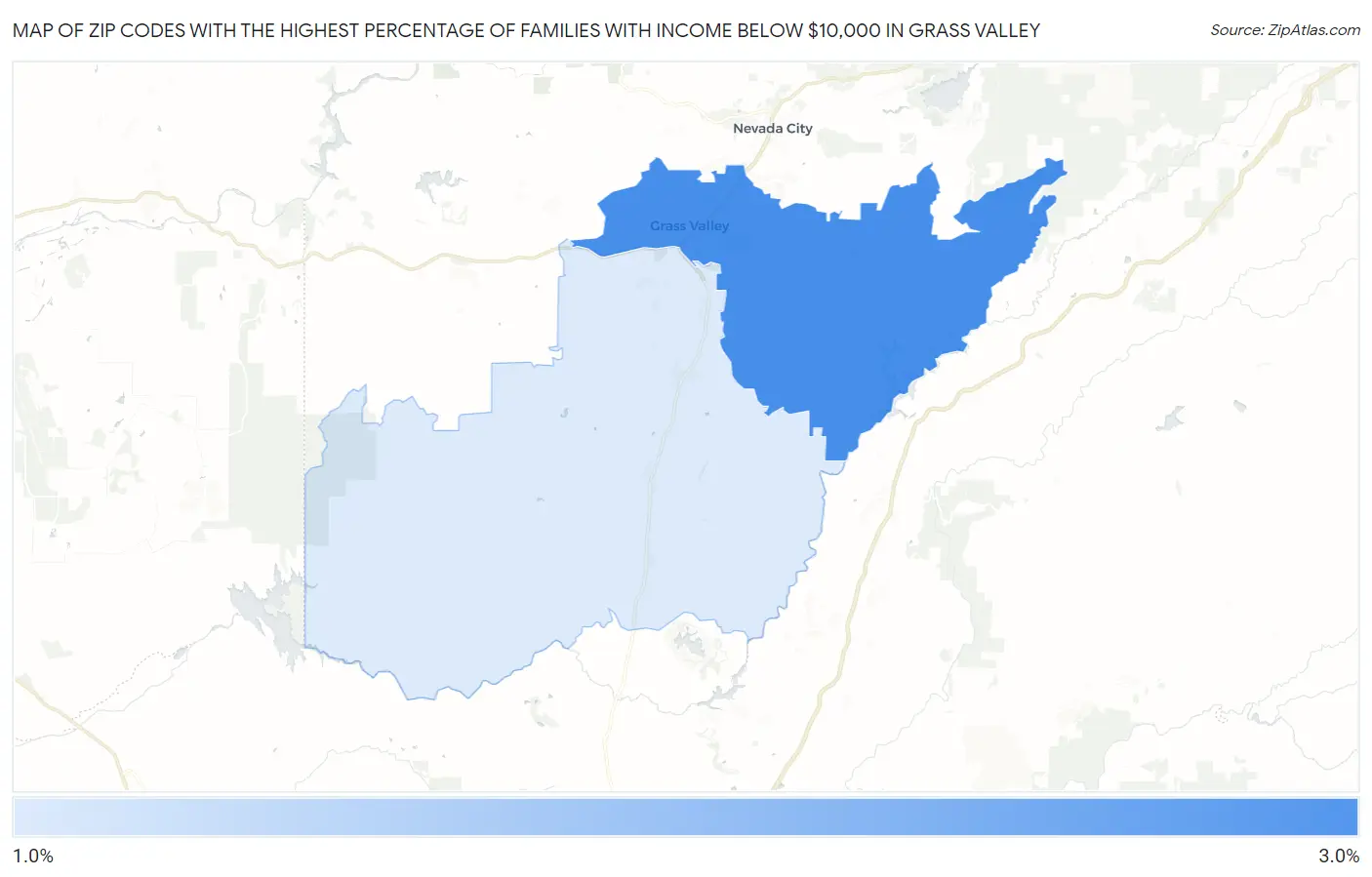 Zip Codes with the Highest Percentage of Families with Income Below $10,000 in Grass Valley Map