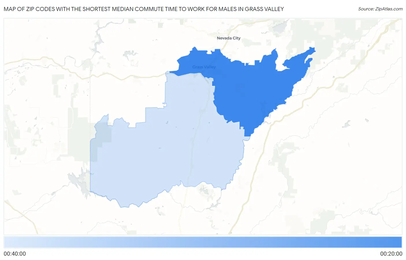 Zip Codes with the Shortest Median Commute Time to Work for Males in Grass Valley Map