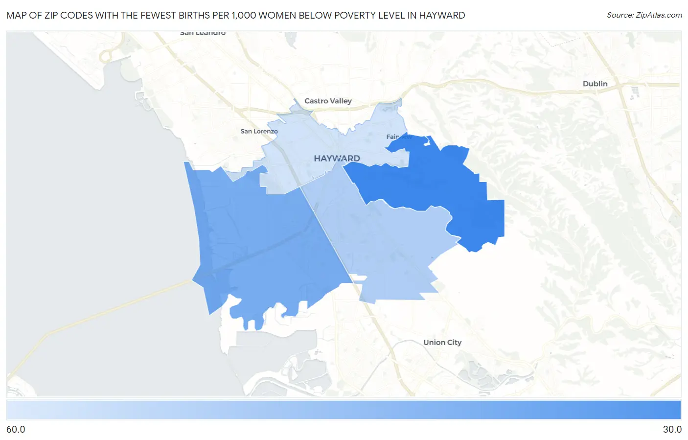 Zip Codes with the Fewest Births per 1,000 Women Below Poverty Level in Hayward Map