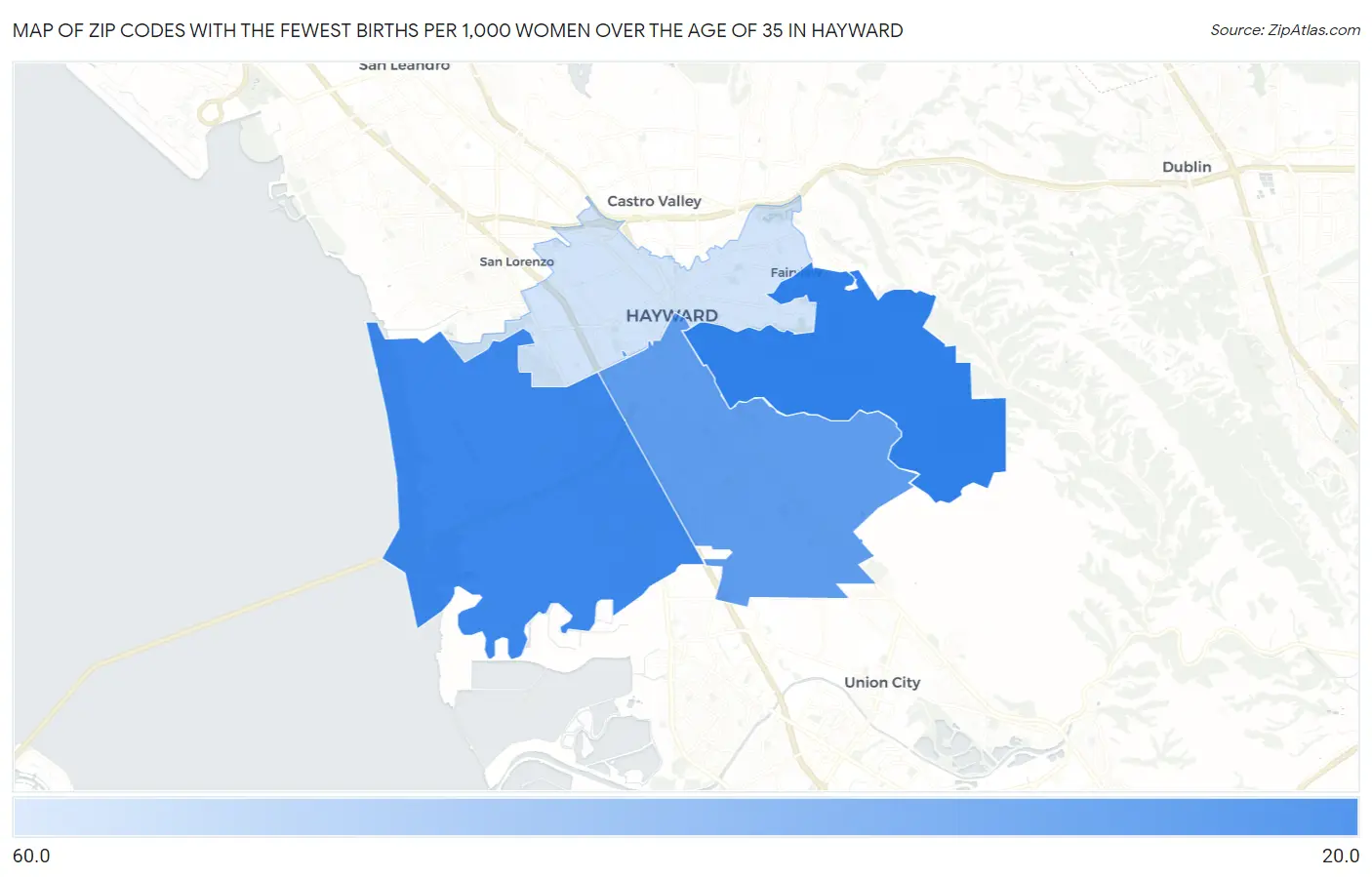 Zip Codes with the Fewest Births per 1,000 Women Over the Age of 35 in Hayward Map