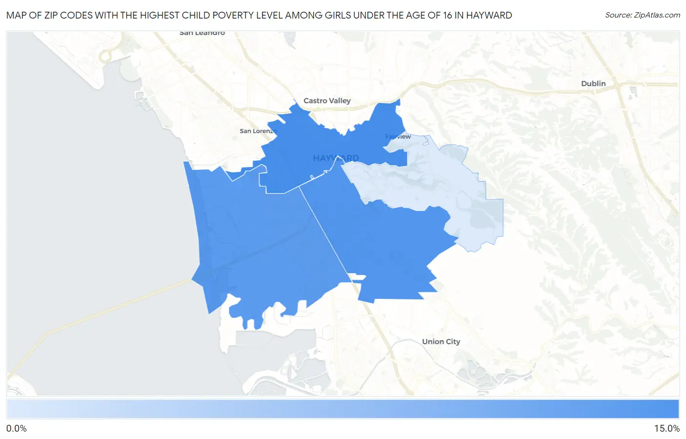 Zip Codes with the Highest Child Poverty Level Among Girls Under the Age of 16 in Hayward Map