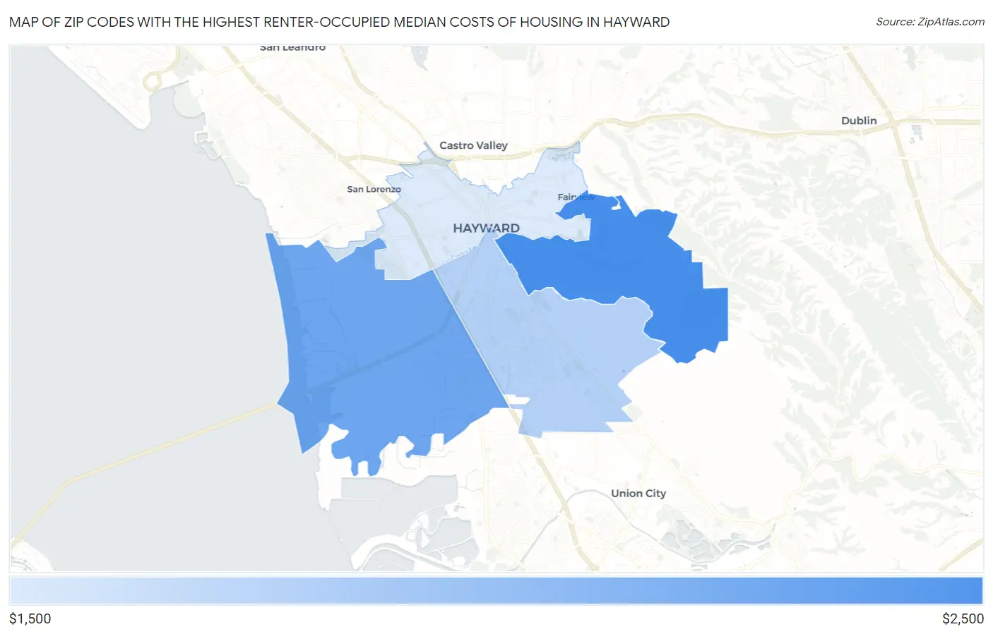Zip Codes with the Highest Renter-Occupied Median Costs of Housing in Hayward Map