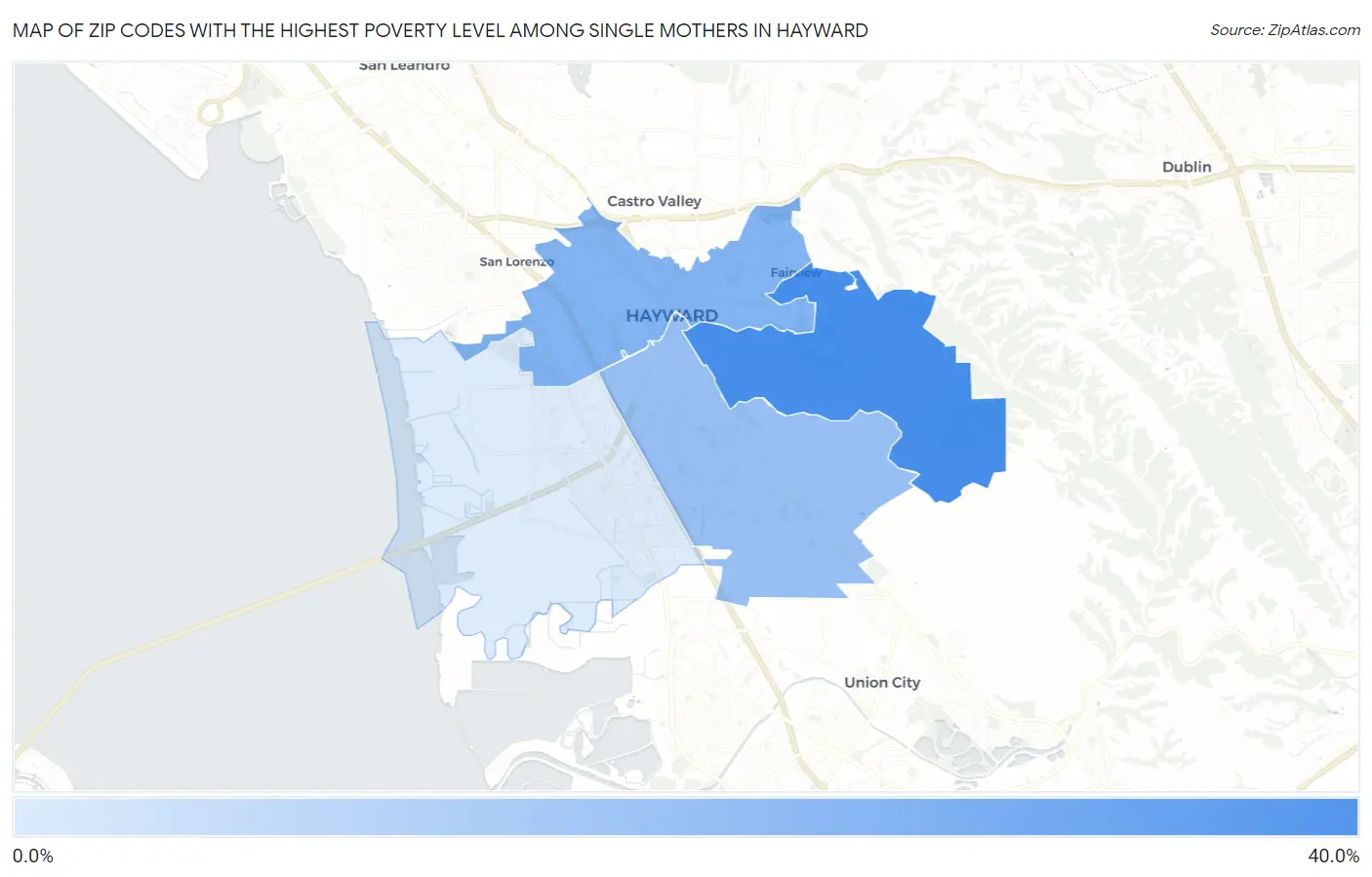 Zip Codes with the Highest Poverty Level Among Single Mothers in Hayward Map