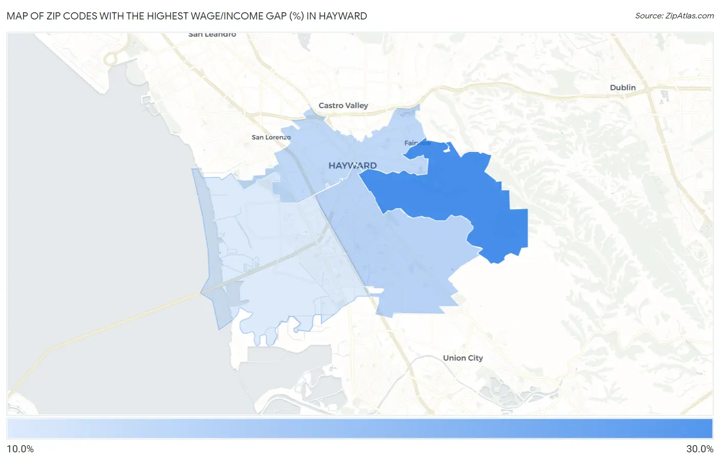 Zip Codes with the Highest Wage/Income Gap (%) in Hayward Map