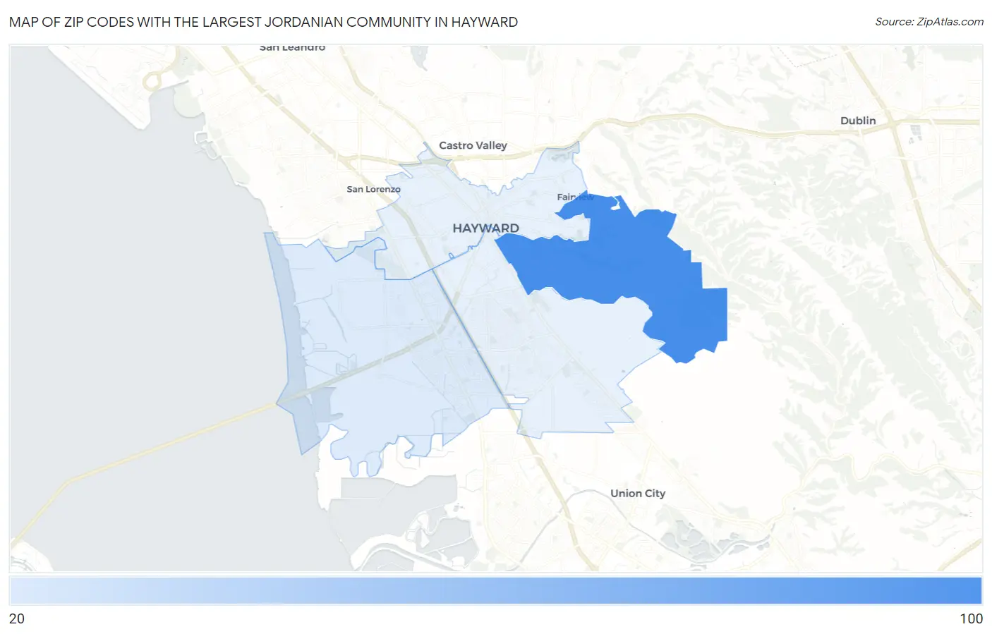Zip Codes with the Largest Jordanian Community in Hayward Map