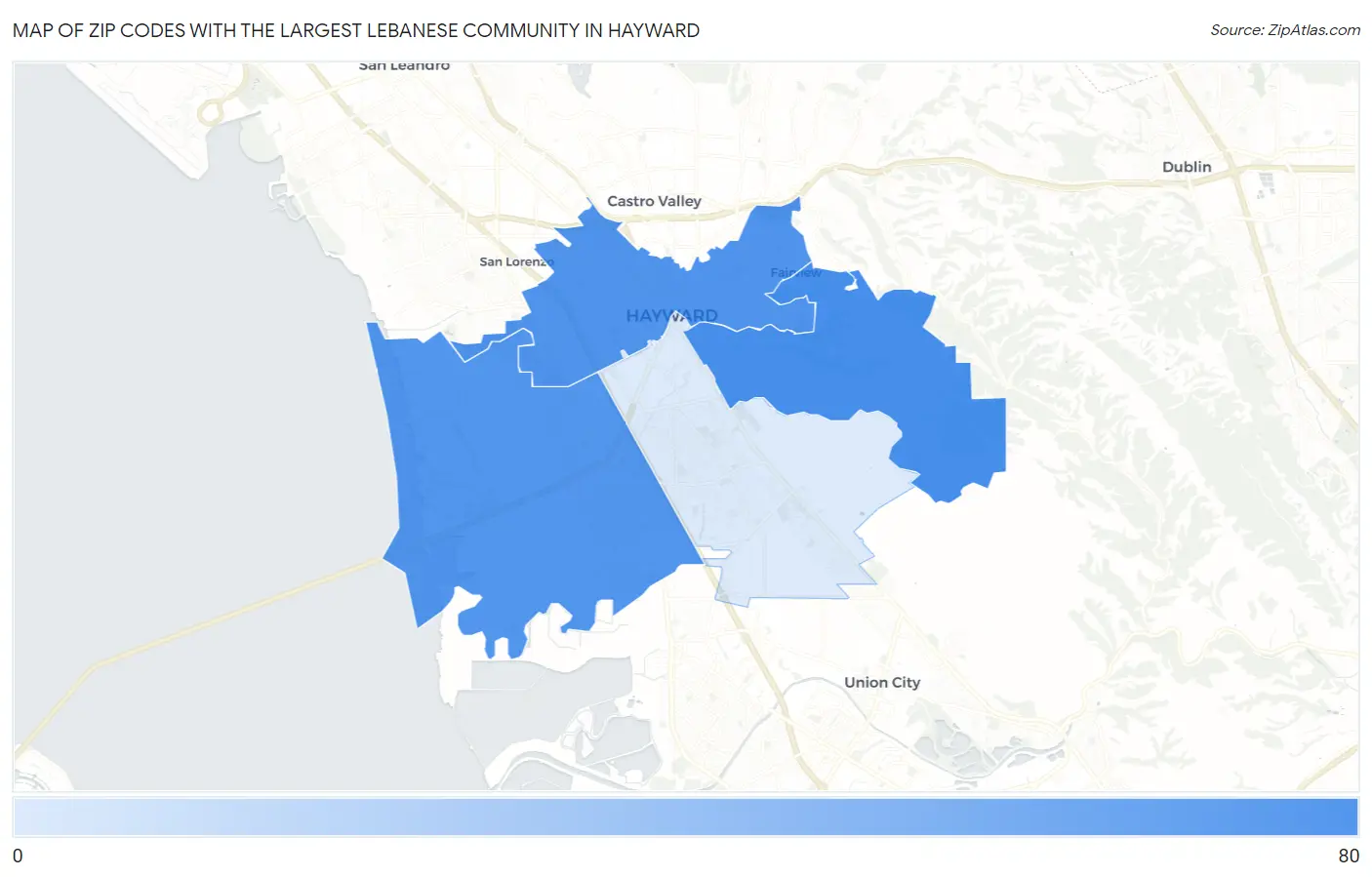 Zip Codes with the Largest Lebanese Community in Hayward Map