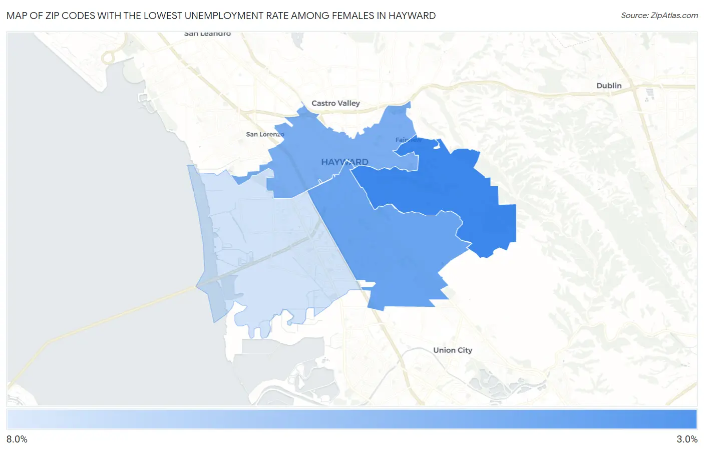 Zip Codes with the Lowest Unemployment Rate Among Females in Hayward Map
