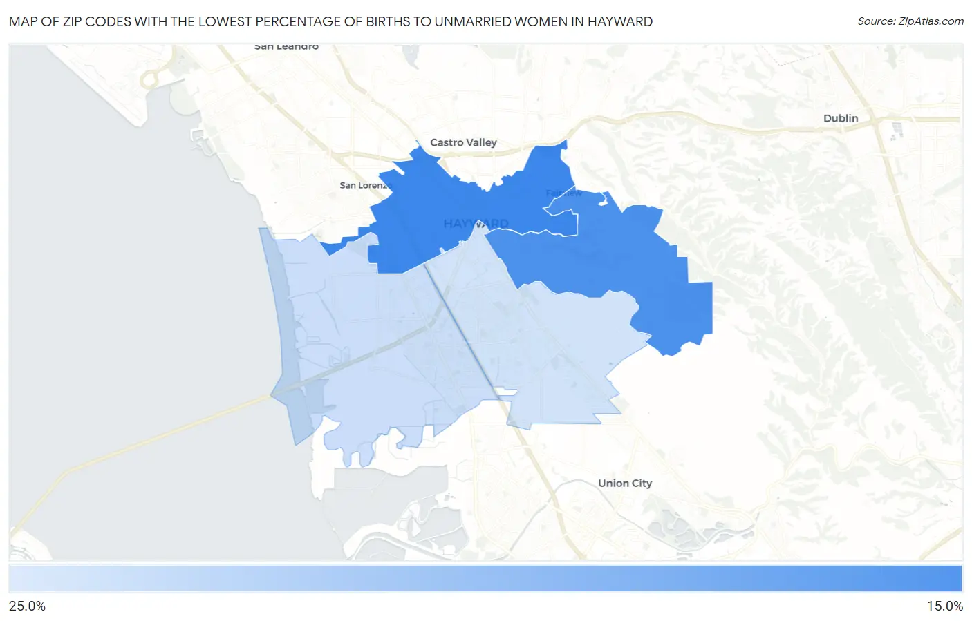 Zip Codes with the Lowest Percentage of Births to Unmarried Women in Hayward Map