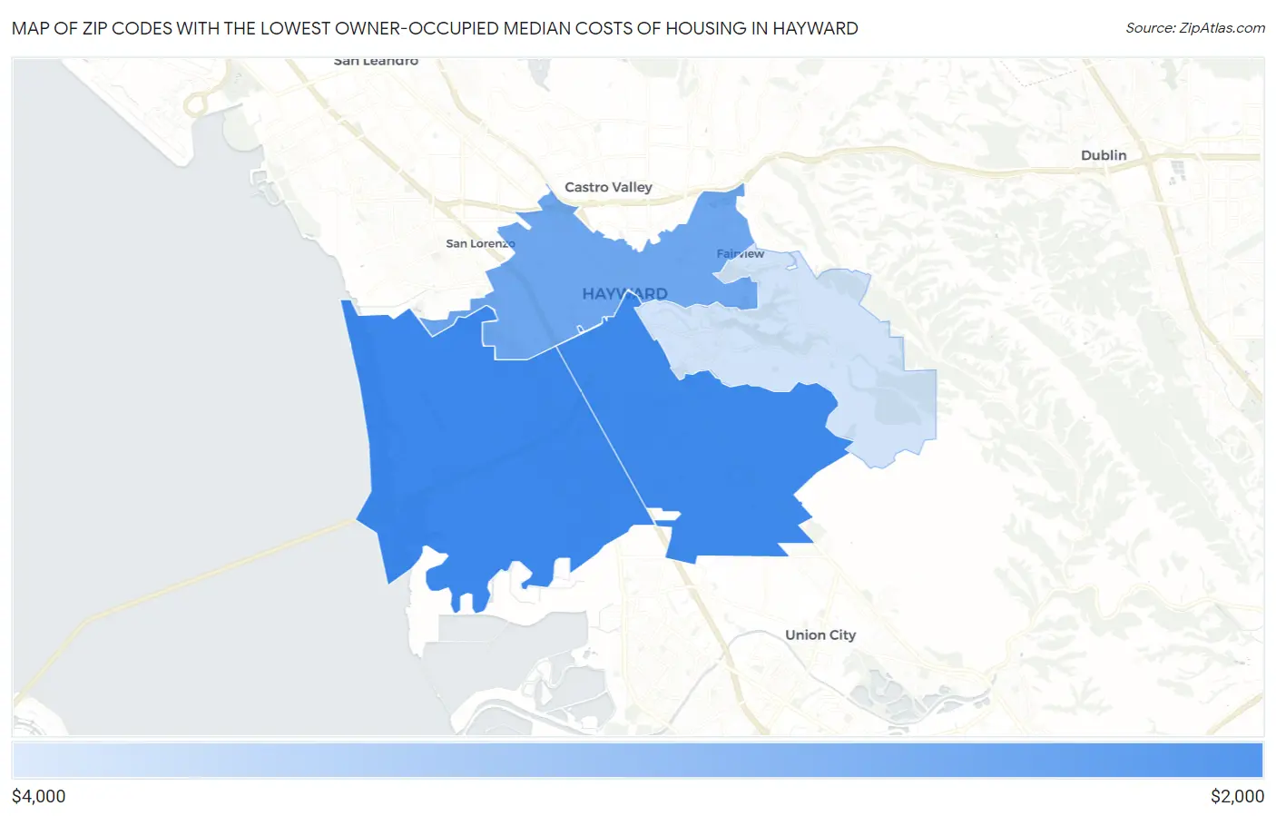 Zip Codes with the Lowest Owner-Occupied Median Costs of Housing in Hayward Map