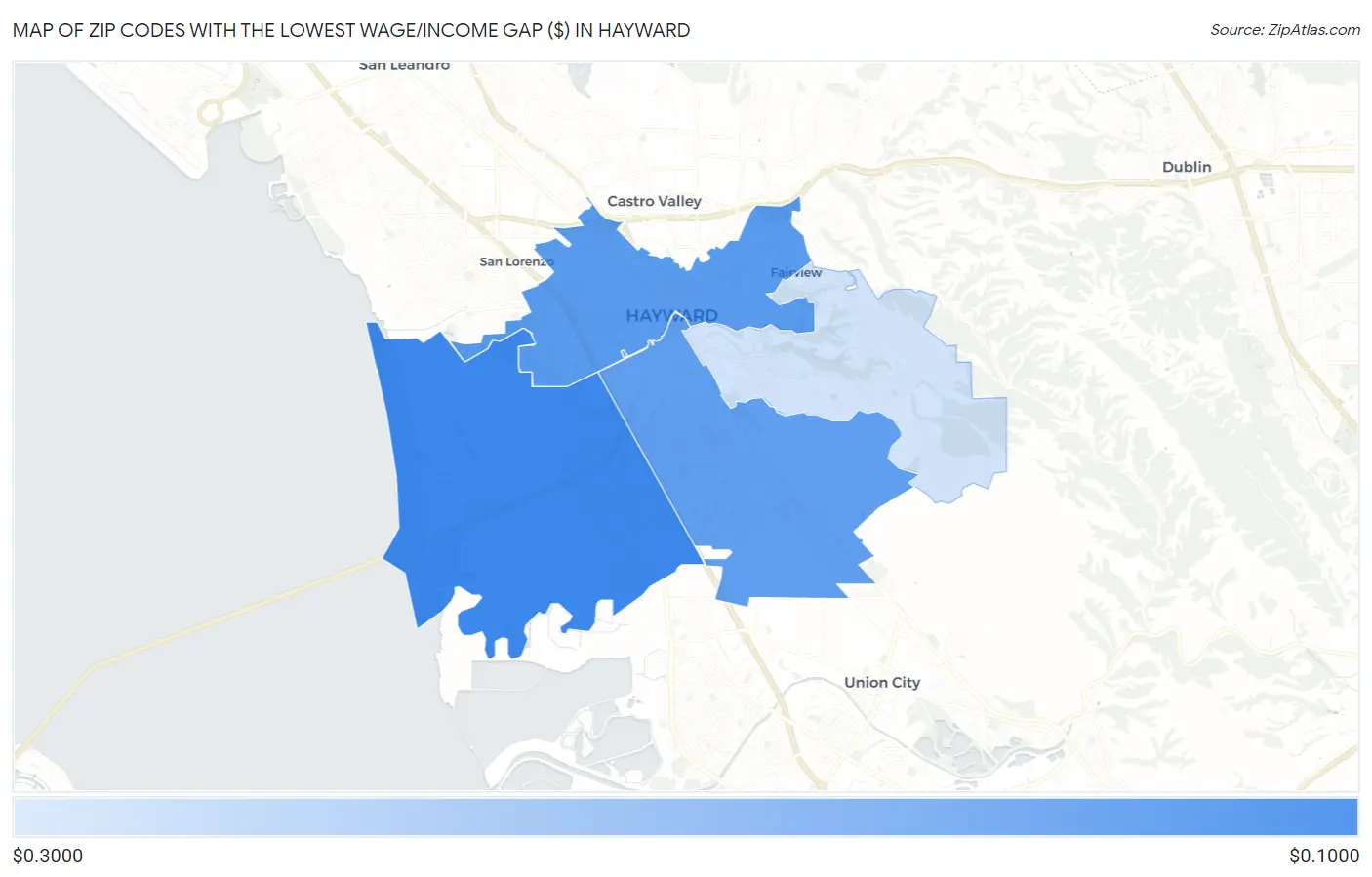 Zip Codes with the Lowest Wage/Income Gap ($) in Hayward Map