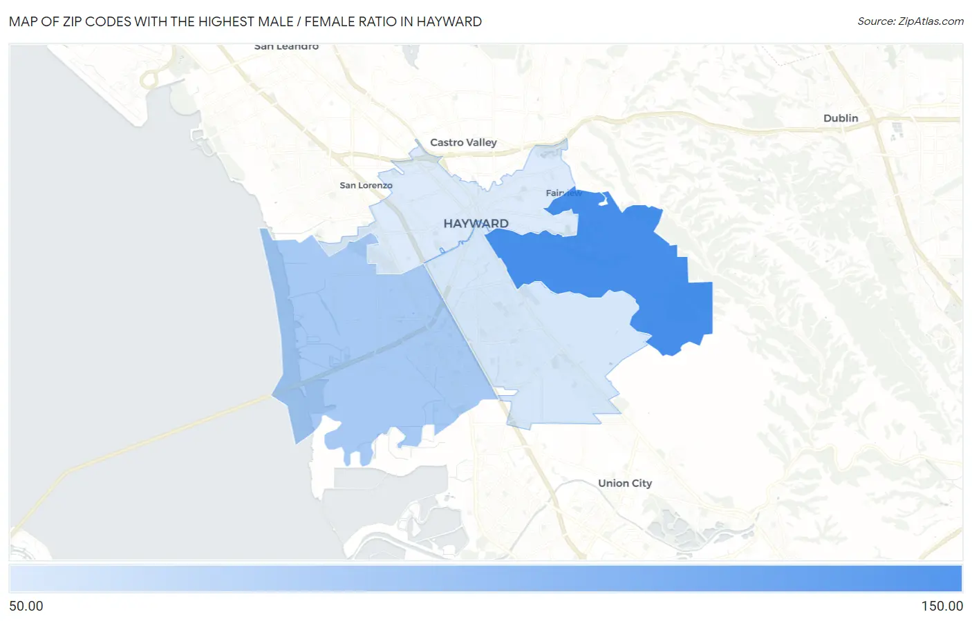 Zip Codes with the Highest Male / Female Ratio in Hayward Map