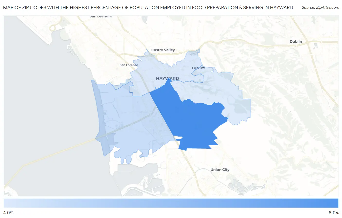 Zip Codes with the Highest Percentage of Population Employed in Food Preparation & Serving in Hayward Map