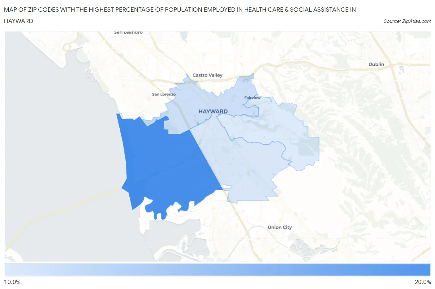 Zip Codes with the Highest Percentage of Population Employed in Health Care & Social Assistance in Hayward Map