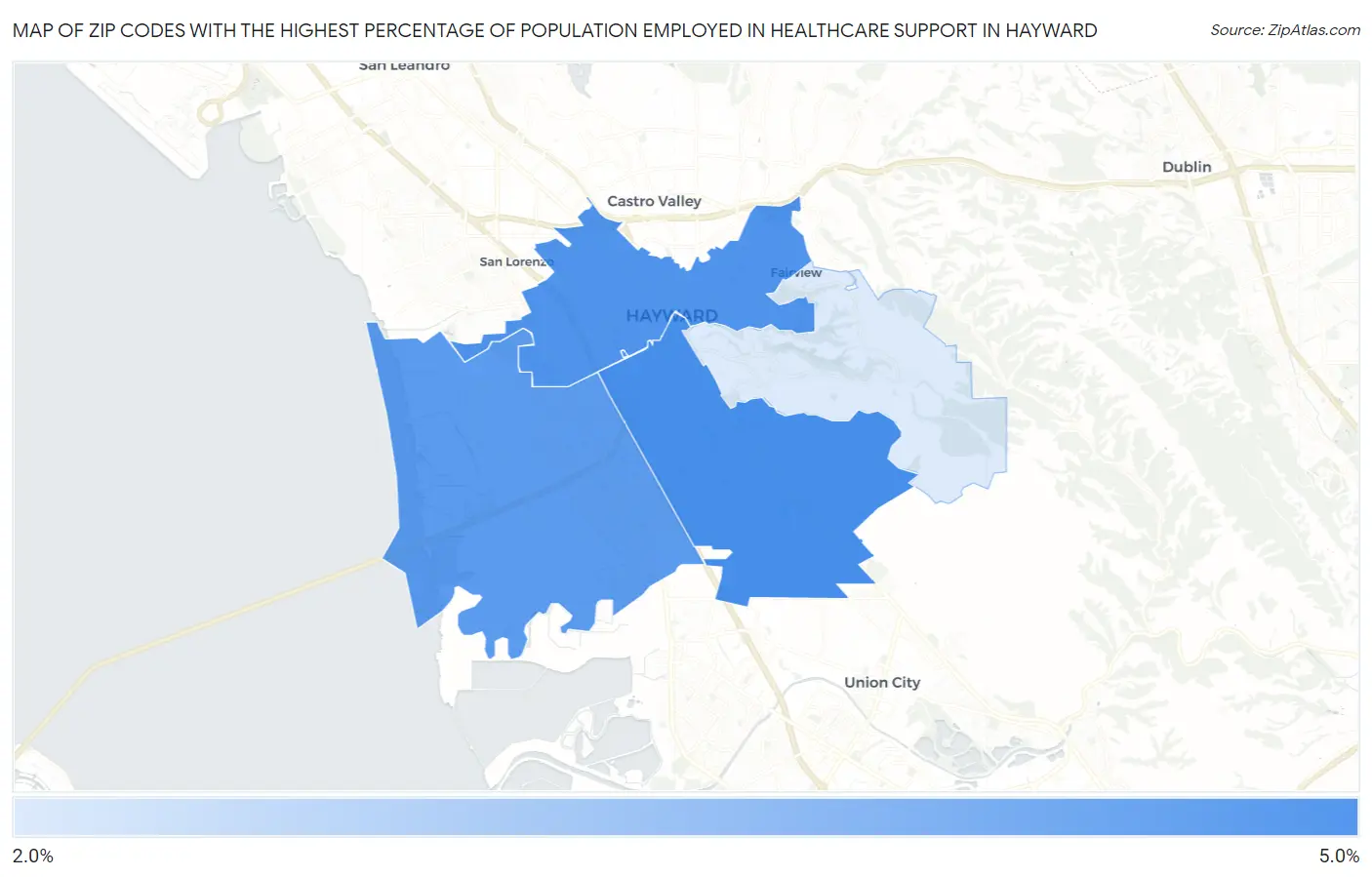 Zip Codes with the Highest Percentage of Population Employed in Healthcare Support in Hayward Map