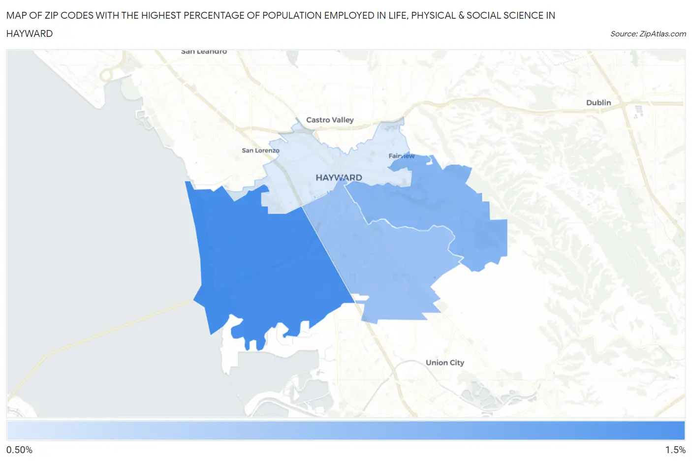 Zip Codes with the Highest Percentage of Population Employed in Life, Physical & Social Science in Hayward Map