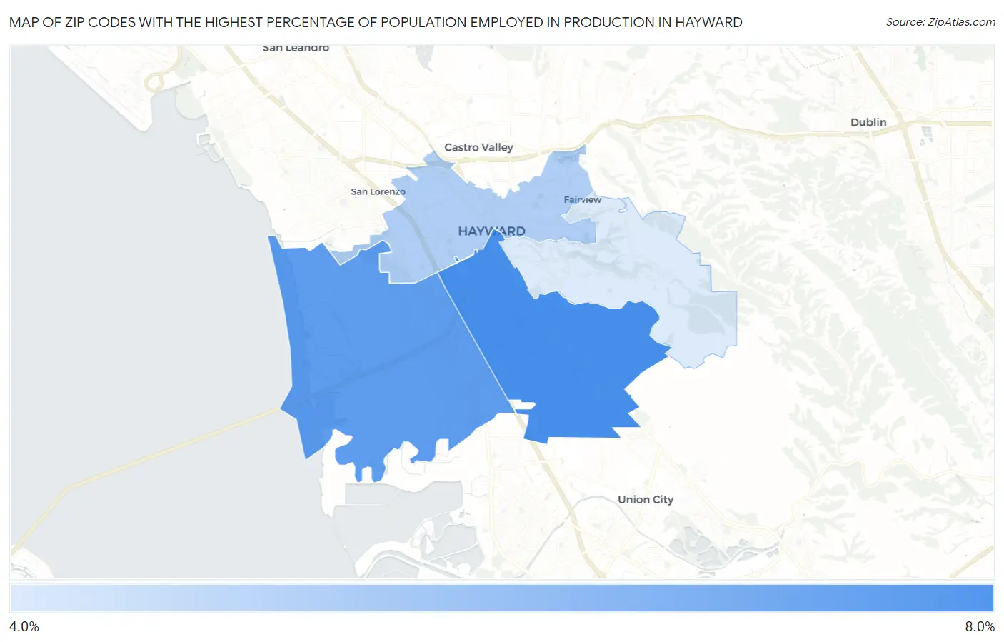 Zip Codes with the Highest Percentage of Population Employed in Production in Hayward Map