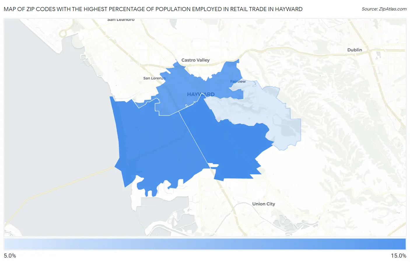 Zip Codes with the Highest Percentage of Population Employed in Retail Trade in Hayward Map