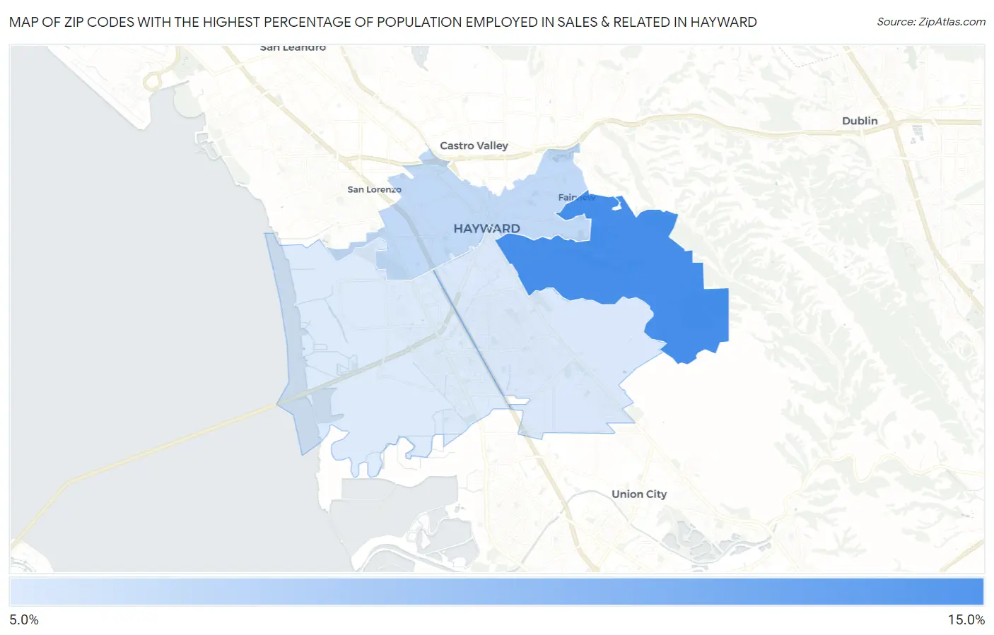 Zip Codes with the Highest Percentage of Population Employed in Sales & Related in Hayward Map